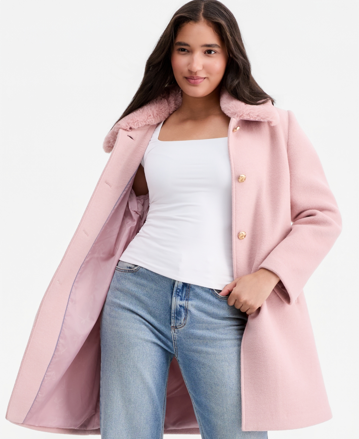 CeCe Women's Faux-Fur Club Collar Mid-Length Lined Coat