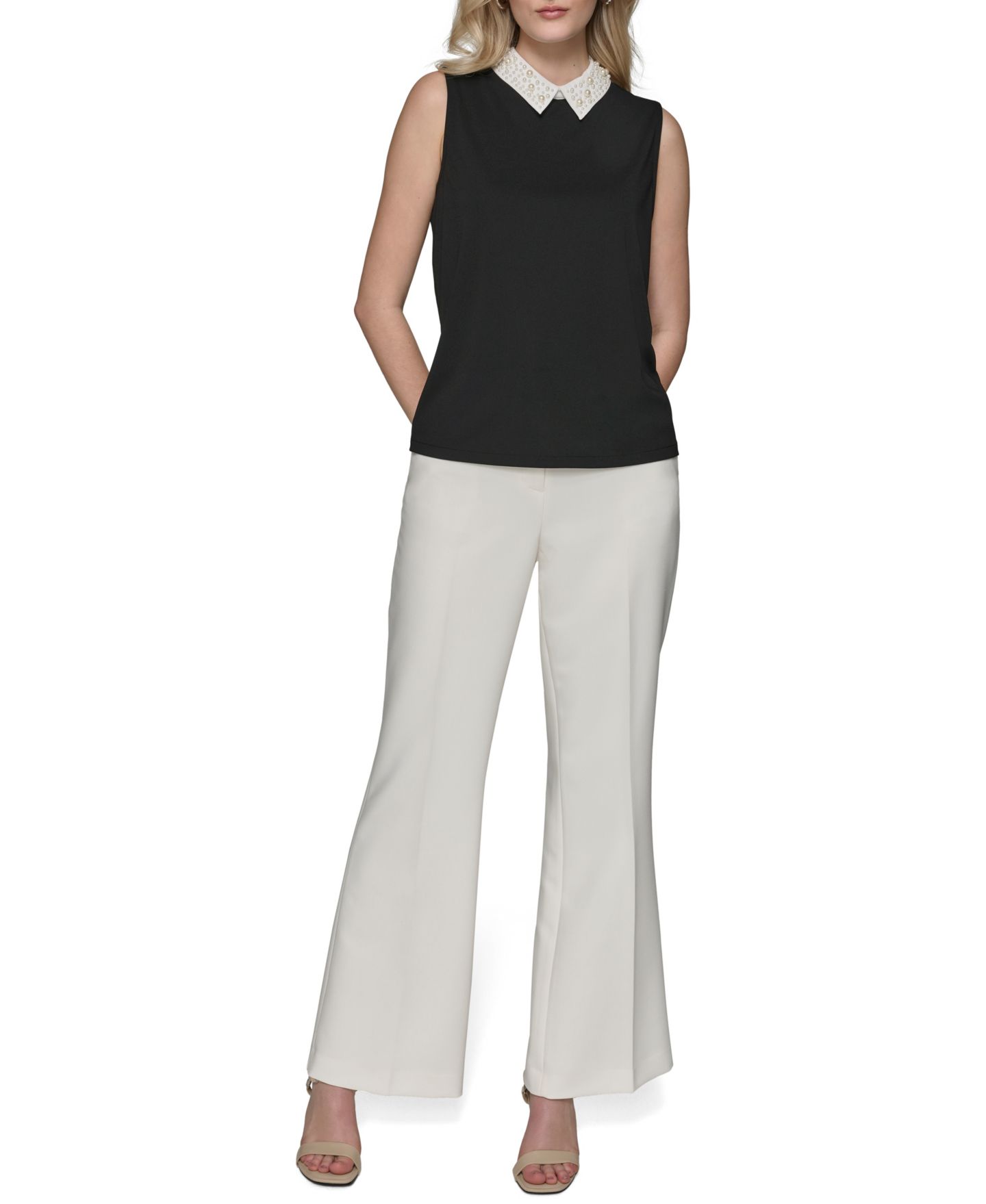 Женская блузка KARL LAGERFELD PARIS Petite Embellished Collar Sleeveless Blouse, цвет: Чёрный / Мягкий белый — фото 2