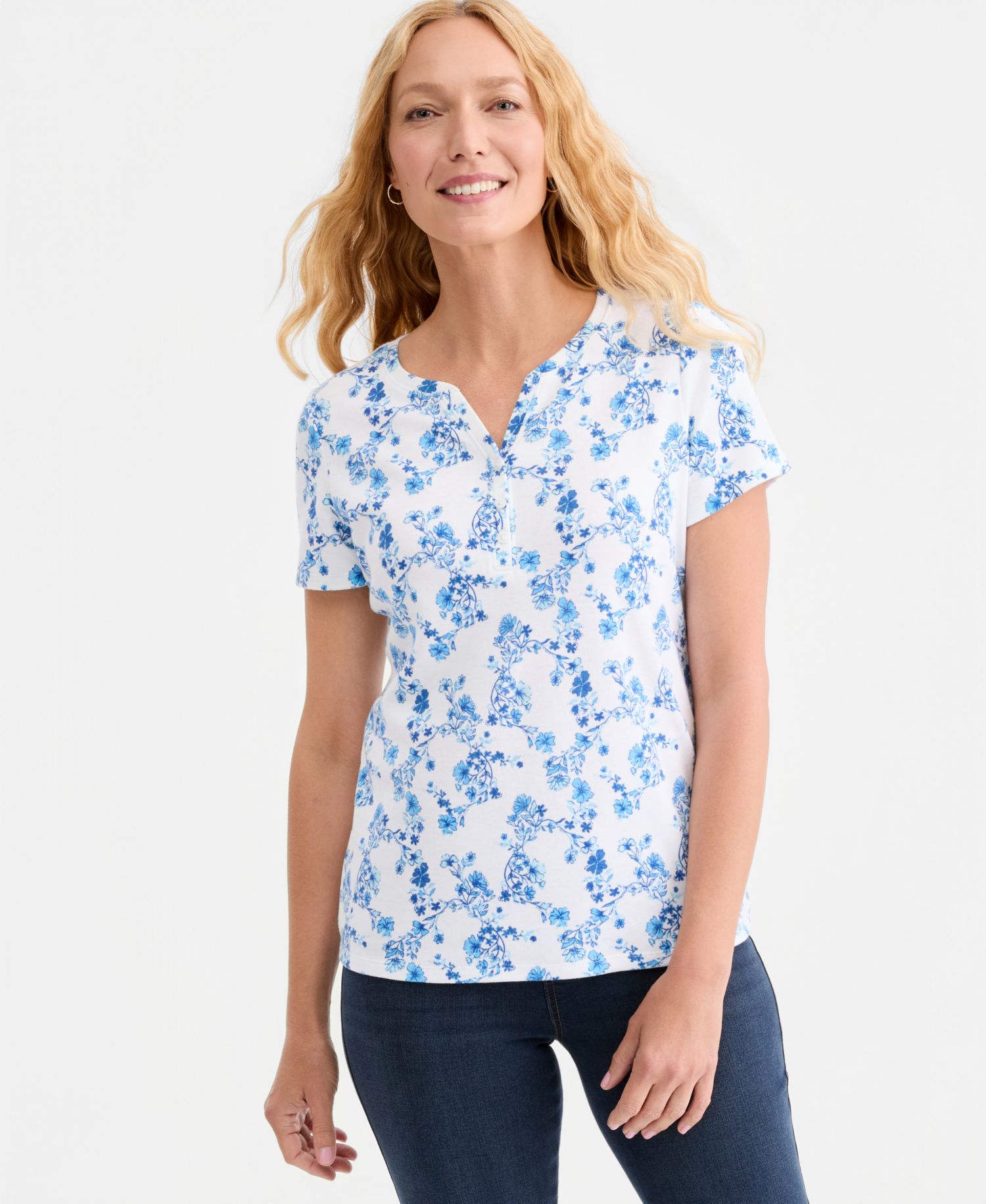 Petite Printed Short-Sleeve Henley Top