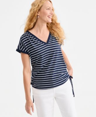 Women's Printed Ruched Tie-Hem V-Neck Top