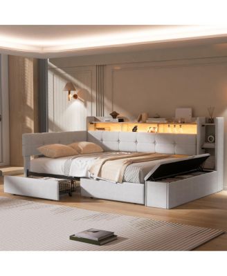Twin Upholstered Daybed with Storage, Drawers, USB, LED and Shelves