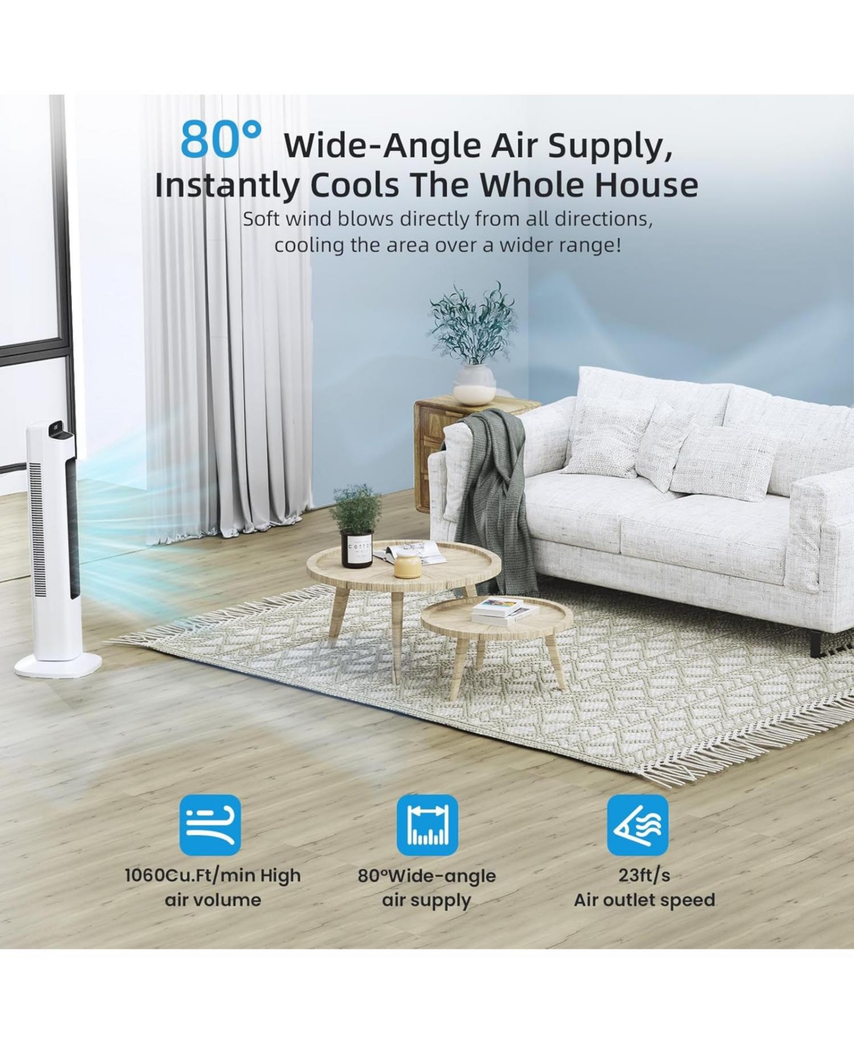 Cowsar Bladeless Tower Fan with Remote, 5 Speeds, White