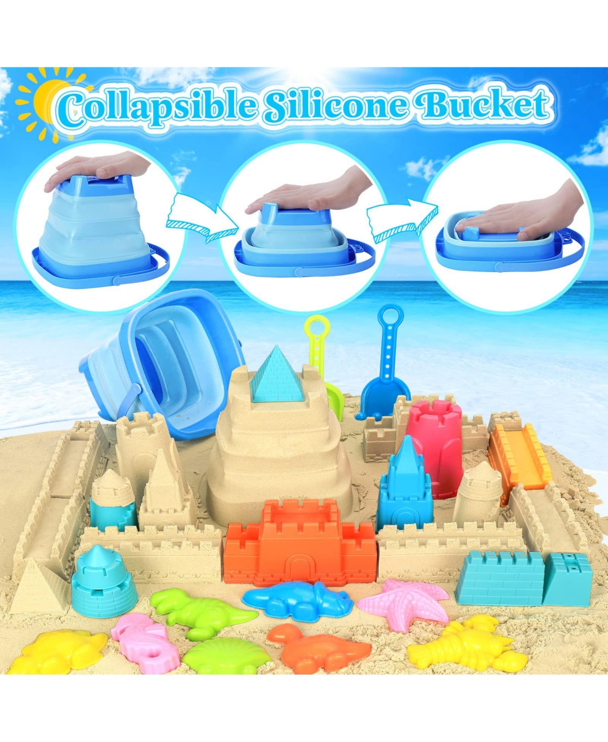 Gnuadz 22-piece Collapsible Beach Sand Bucket Shovels Set Mesh Bag Castle Kit Kids 3-10