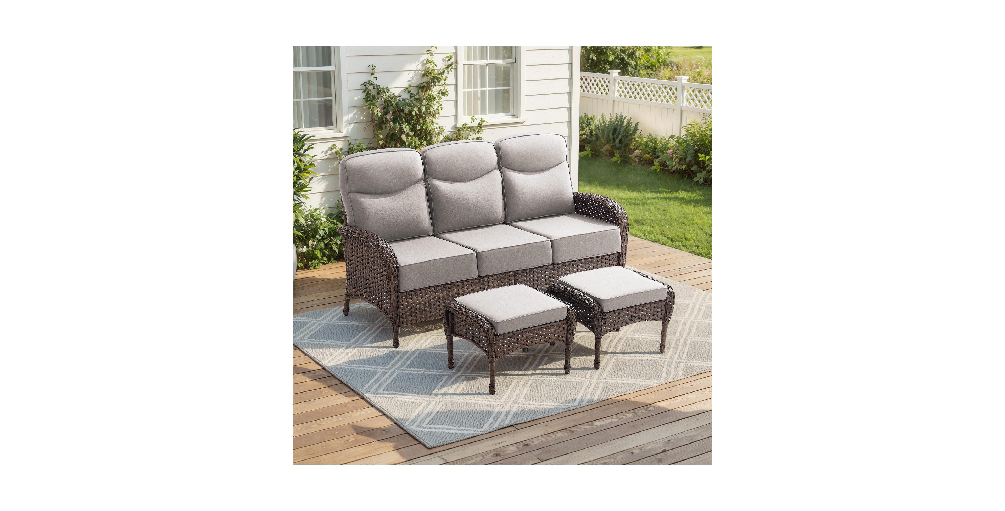 Pocassy 3 Pieces Patio Furniture Set All-Weather Outdoor Wicker Conversation Sofa Seating with Cushion and Ottoman for Porch