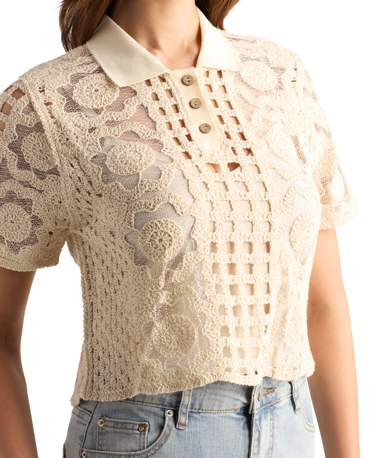 Bcx Women's Embroidered Crochet Collared Sweater