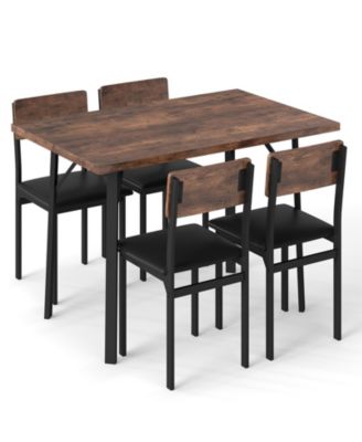5 Piece Dining Set for 4 People Industrial Table and Leather Chairs