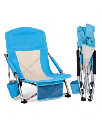 2 Piece Portable Folding Low Beach Chair with Cup Holder, Storage Pocket for Camping, Beach, Travel