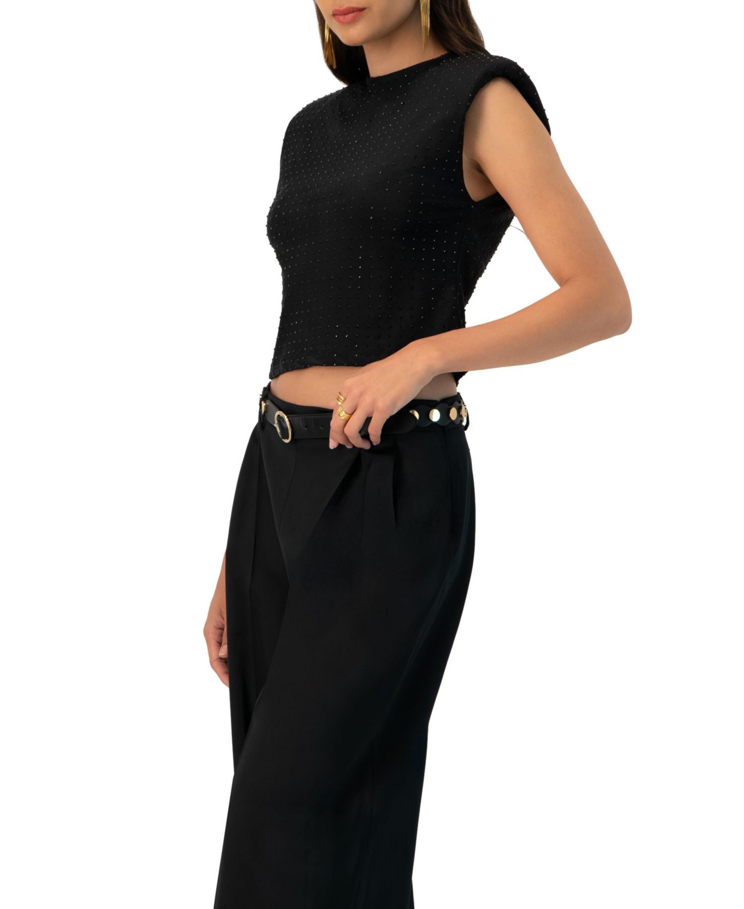 Women's Padded-Shoulder Cropped Rhinestone Top