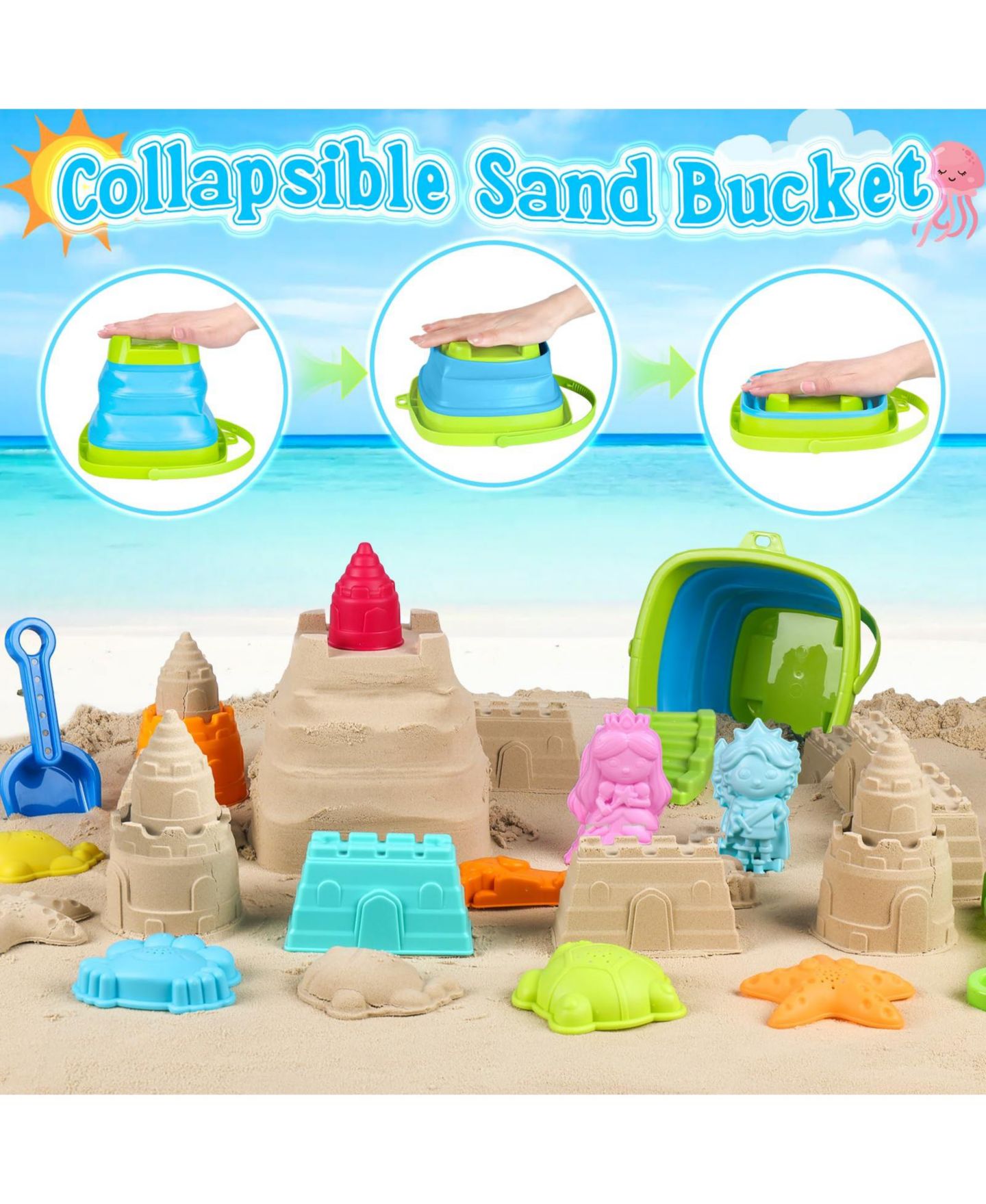 Детские игрушки GNUADZ Collapsible Silicone Sand Castle Kit Beach Bucket, 16-Piece, Ages 3-10, цвет: Разноцветный — фото 2