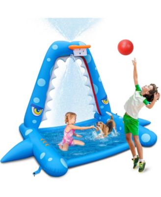 110" Inflatable Shark Splash Pad With Basketball Hoop Outdoor Water Toy