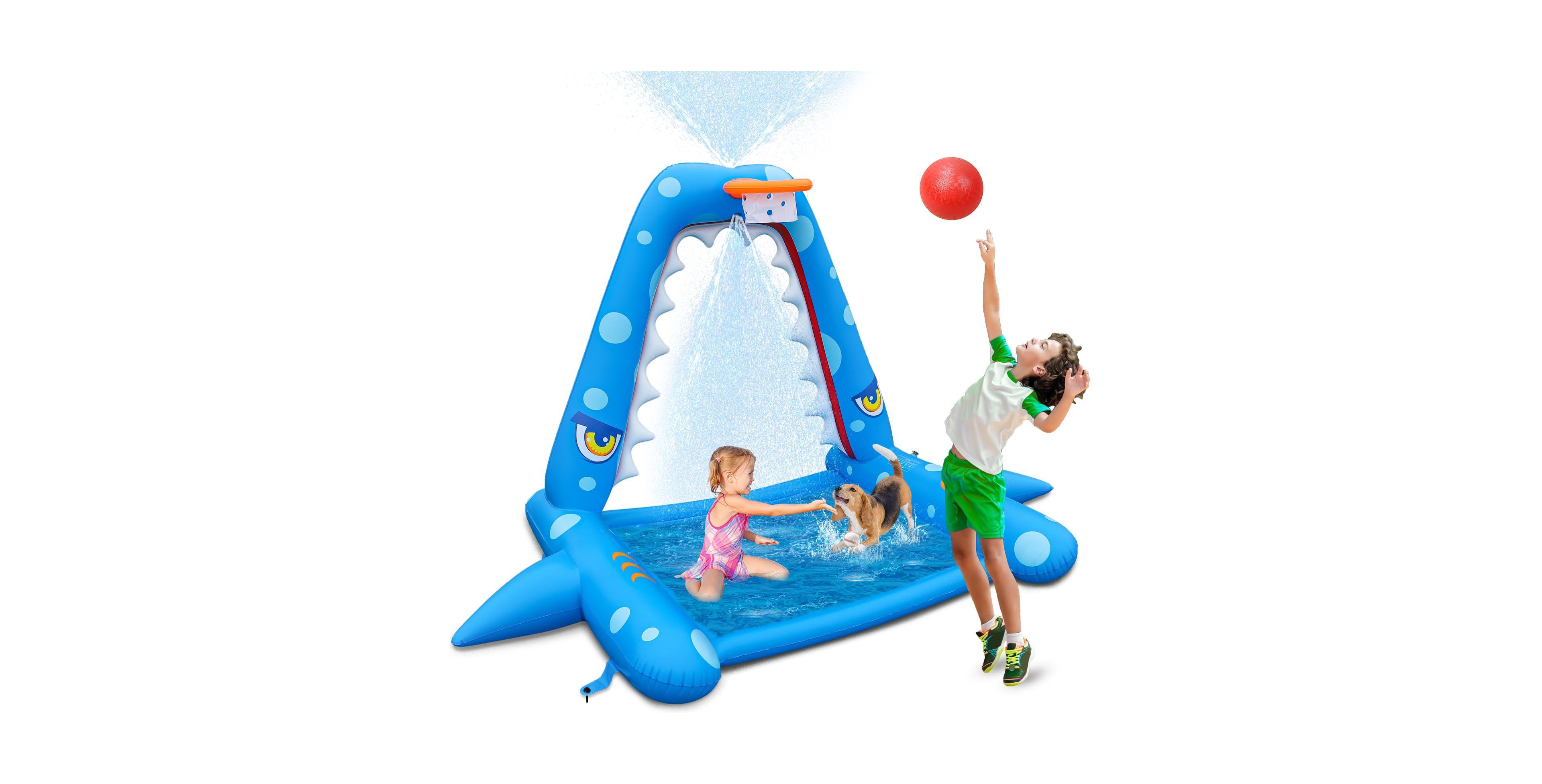 Gnuadz 110" Inflatable Shark Splash Pad With Basketball Hoop Outdoor Water Toy