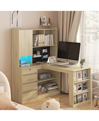 L-Shaped Desk with Charger, Drawers, Bookshelf