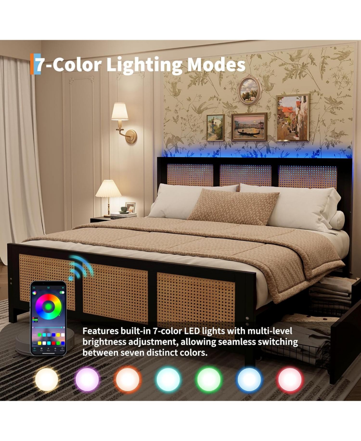 gaomon Rattan Platform Bed Frame with Boho Headboard and Metal Slat Support