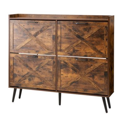 Shoe Cabinet with 4 Flip Drawers Farmhouse Storage with Wood Legs
