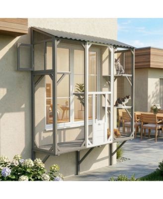 Outdoor Catio Window Cat Enclosure, Grey and White Cat Climbing Patio with Platforms, Secure Outdoor Cat House for 1-3 Cats