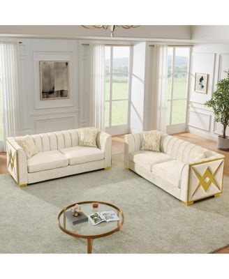 Luxurious Velvet Sofa with Geometric Gold Hardware and Metal Feet