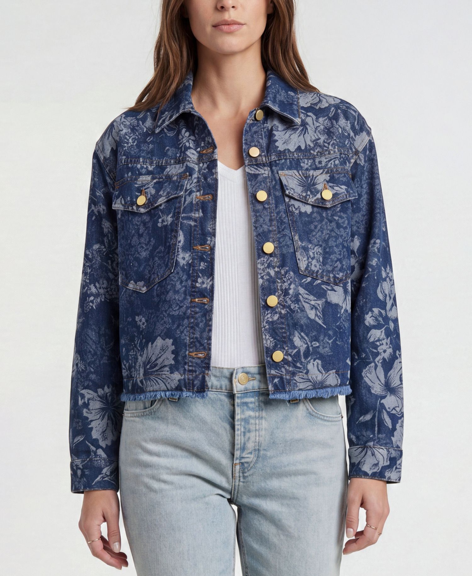 Petite Floral Jacquard Long-Sleeve Denim Jacket
