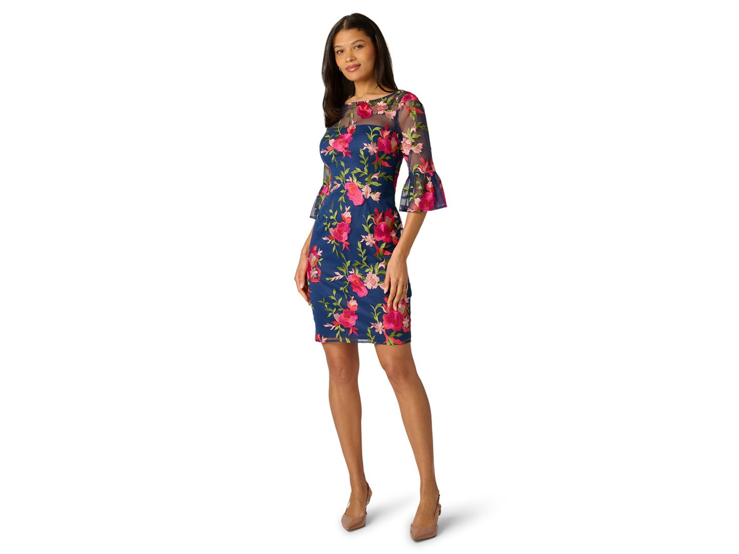 Женское платье Adrianna Papell Petite Embroidered Boat-Neck Short, цвет: Тёмно-синий / Розовый разноцветный — фото 1
