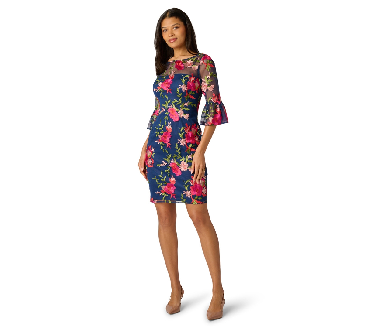 Adrianna Papell Petite Embroidered Boat-Neck Short Dress