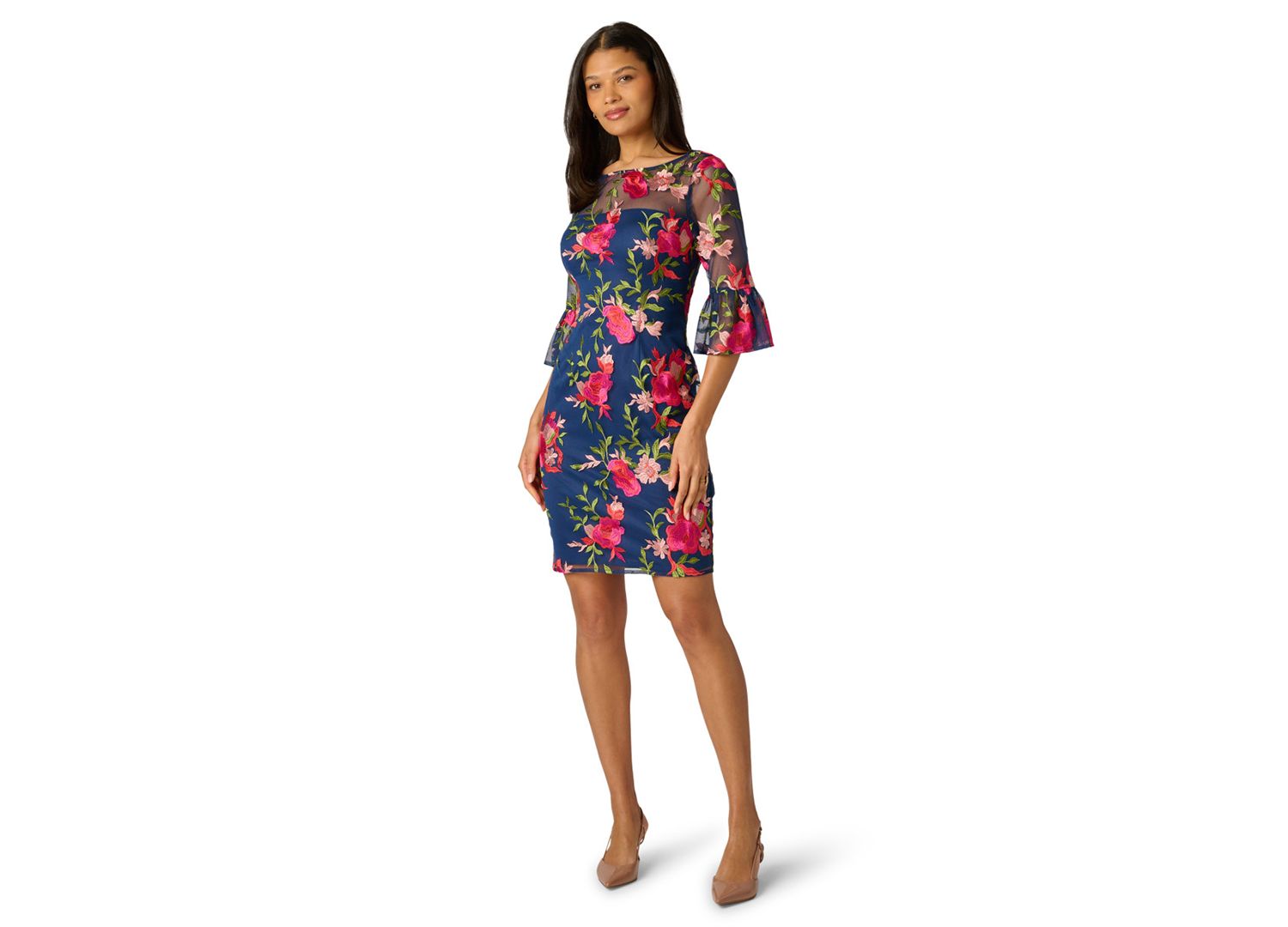 Petite Embroidered Boat-Neck Short Dress