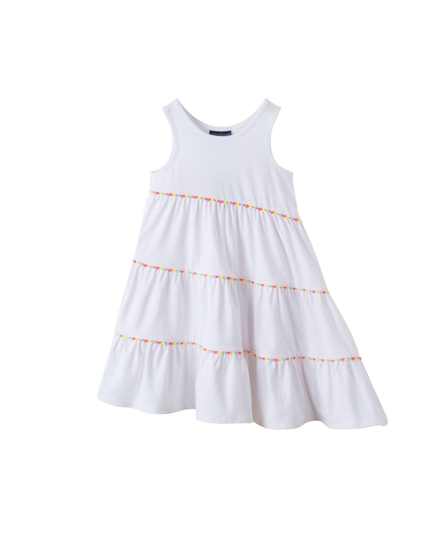 Little Girls Cherry Striped Blocked Dress With Scalloped Neck Binding