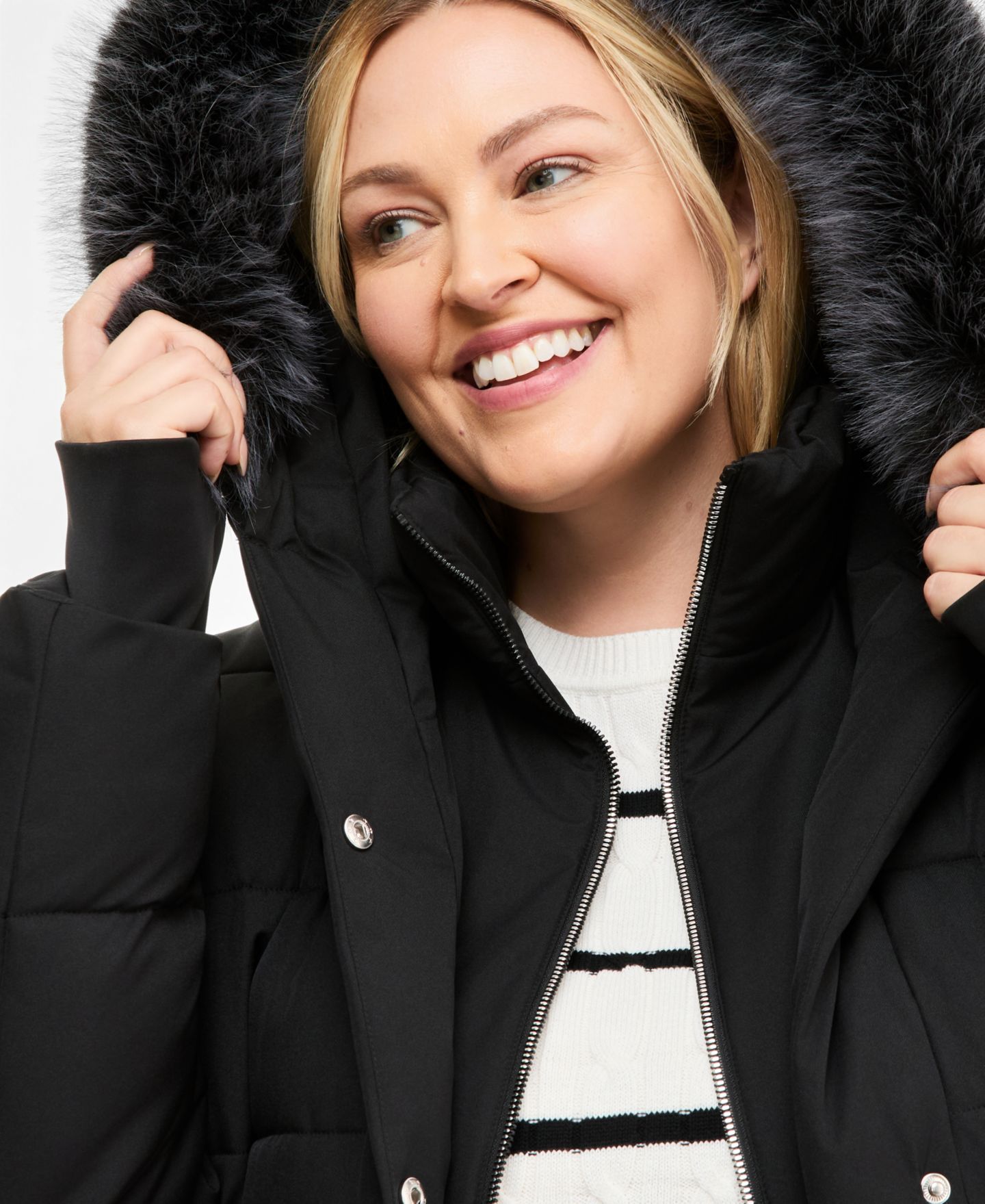 Женская куртка Calvin Klein Plus Size Bibbed Faux-Fur Hooded Utility Puffer, цвет: Чёрный — фото 3