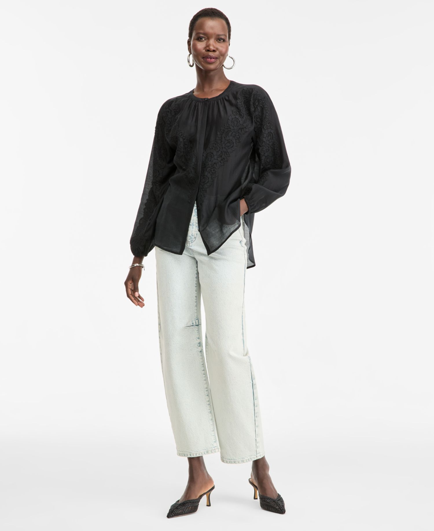 Women's Long Sleeve Lace-Trim Blouse
