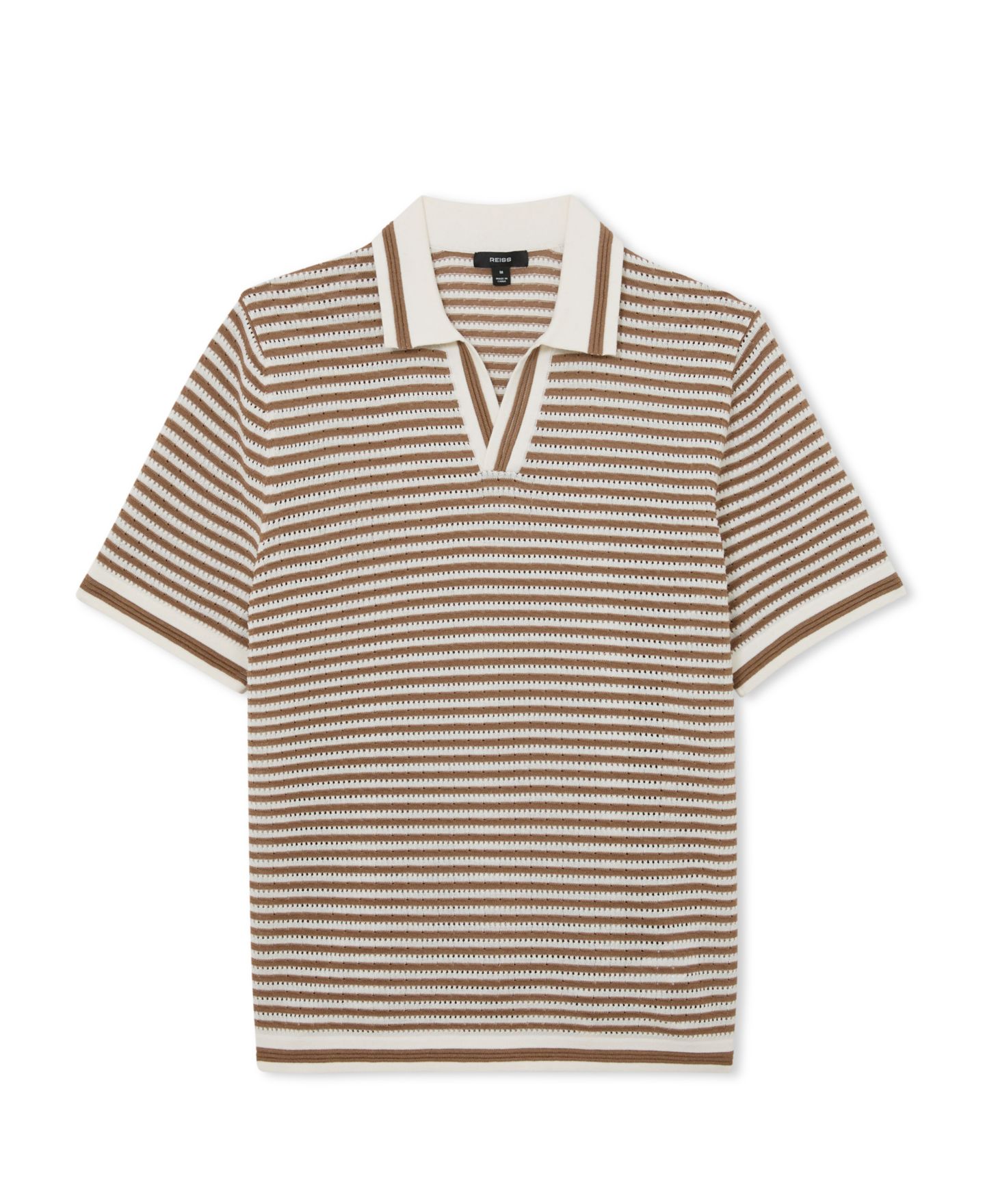 Мужское поло REISS Carl Ford Textured Stripe Linen Blend Open Neck Polo Shirt, цвет: Верблюжий / Белый — фото 5