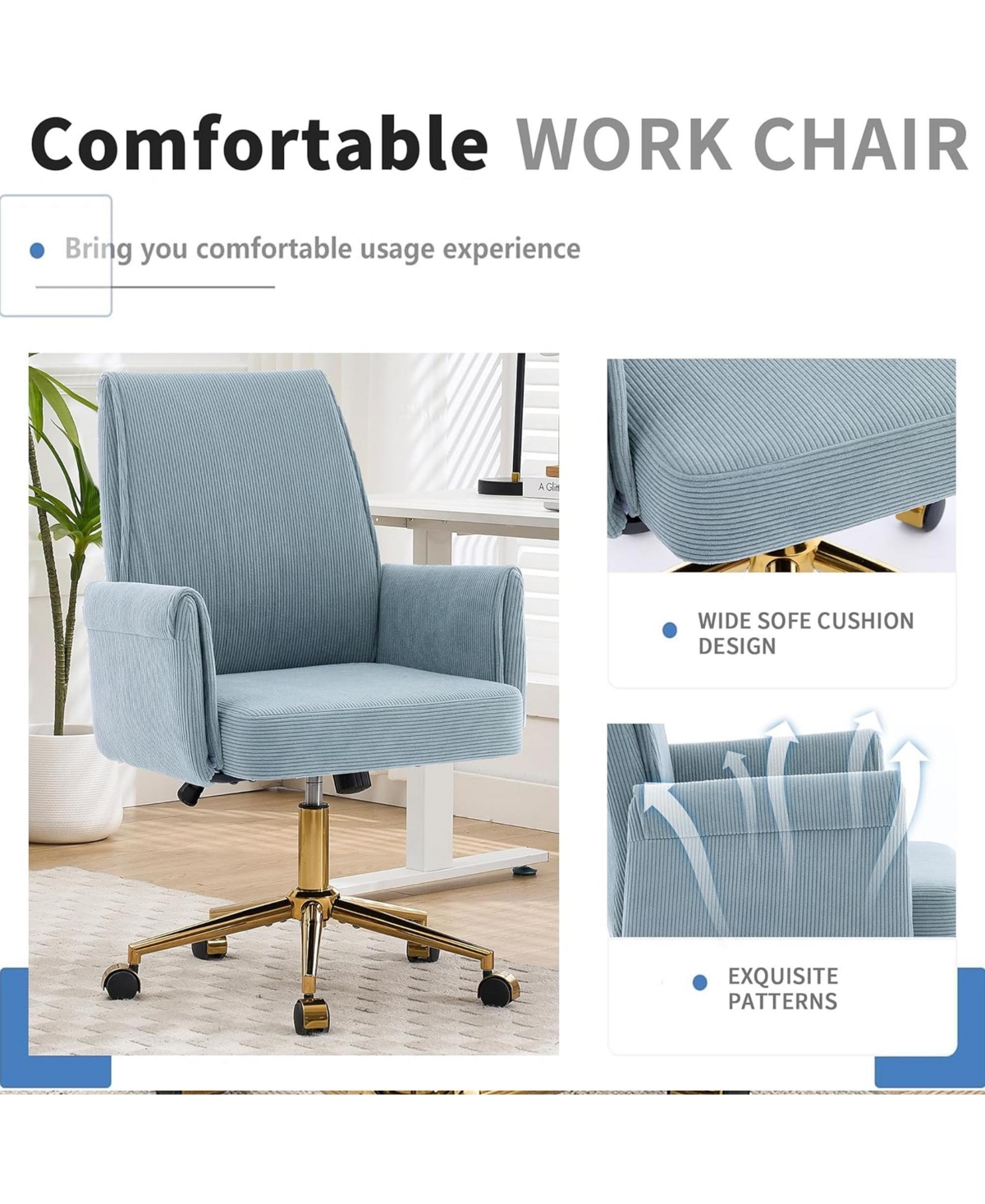 Rainsken Striped Velvet Office Chair Adjustable Ergonomic Desk Chair, Computer Chair with High Back, Base and Wheels for Home Office
