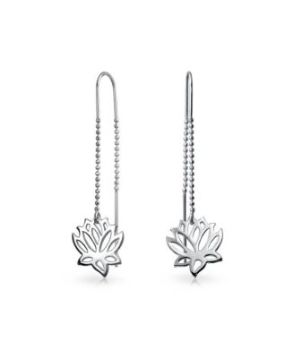 Spiritual Zen Lotus Flower Earrings .925 Sterling Silver Long Chain Threader Stabilizing U Hook