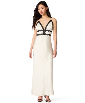 V-Neck Midi Dress with Black Lace Detailing