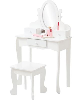 Kids Vanity Table and Chair Set with Oval Mirror, Drawer & Stool, Wooden Pretend Play Set.