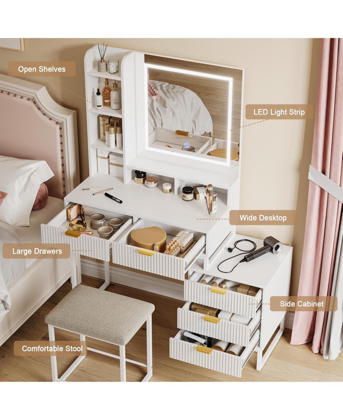 gaomon Vanity Makeup Desk with Led Mirror, 3 Light Modes, 5 Drawers and Removable Cabinet, Modern Dressing Table Set