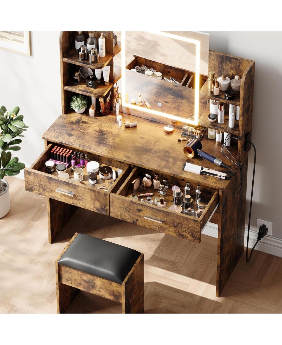 gaomon Makeup Vanity Desk with Smart Led Mirror & Charging Station, 6 Shelves, 2 Drawers & Soft Stool