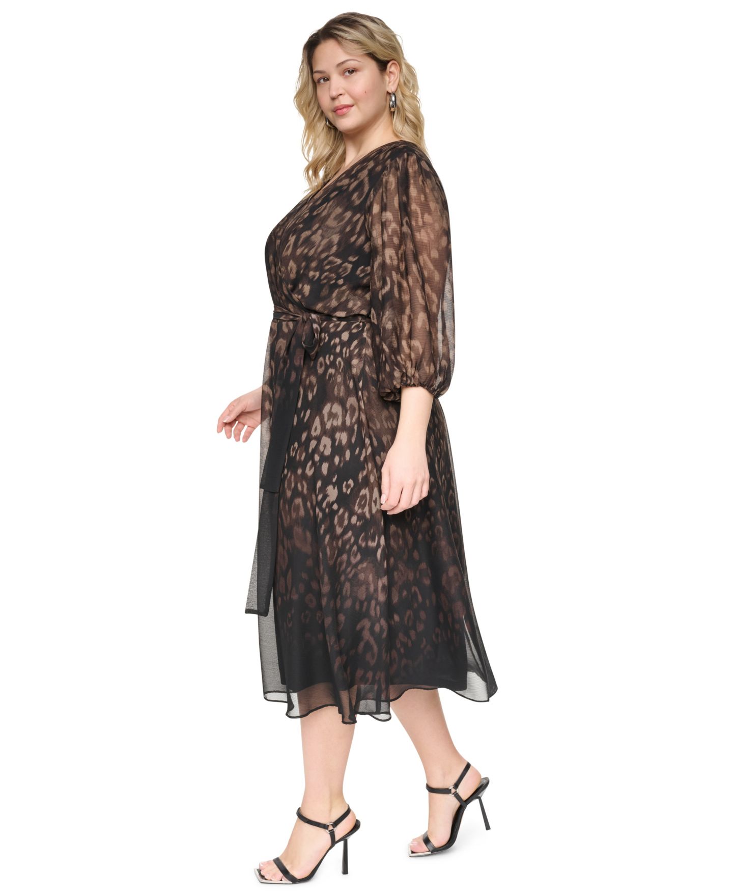 Женское платье DKNY Plus Size Printed V-Neck Midi, цвет: Шоколадный разноцветный — фото 2