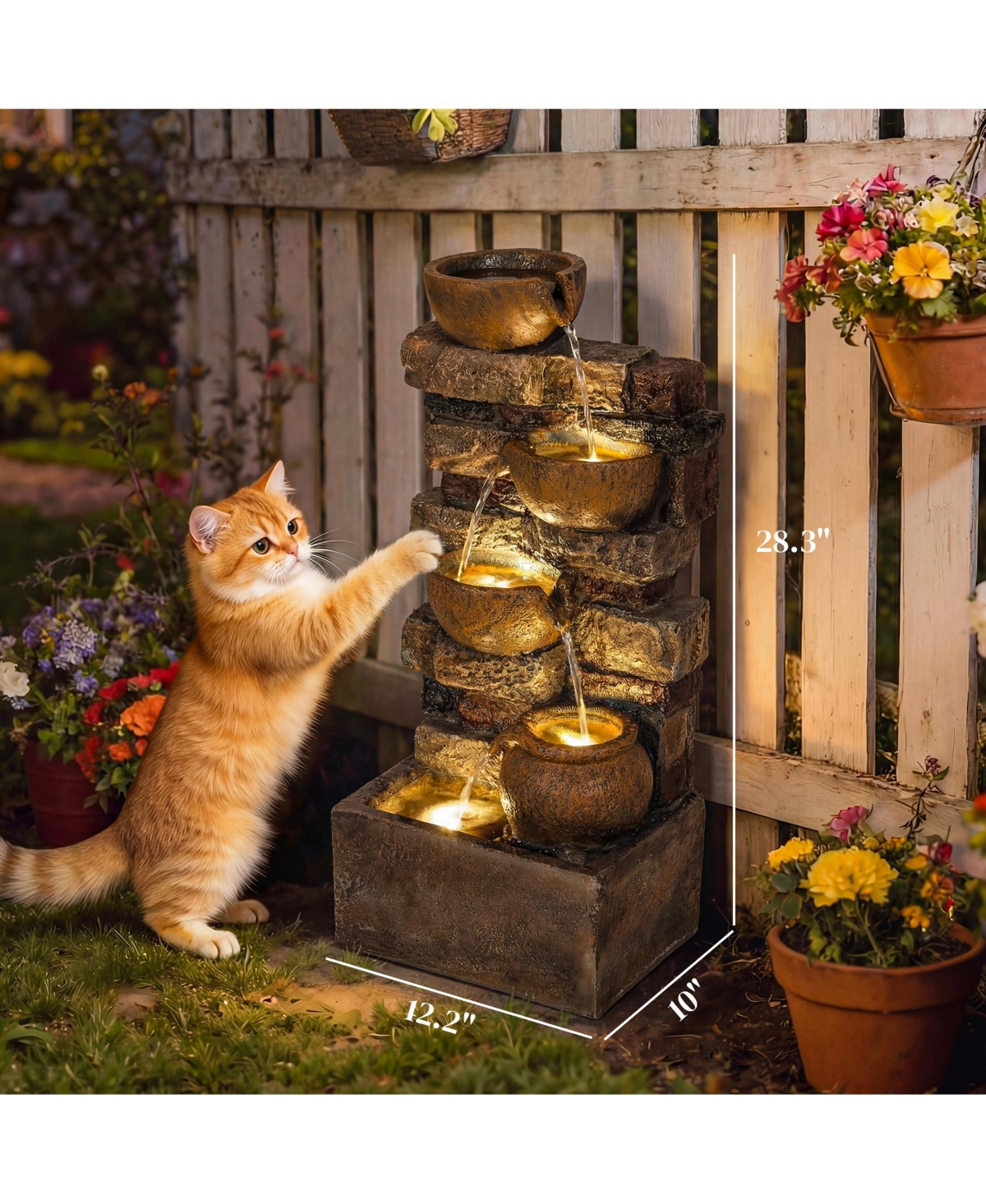 Outsunny Outdoor Fountain with Led Lights, Resin Garden Fountain