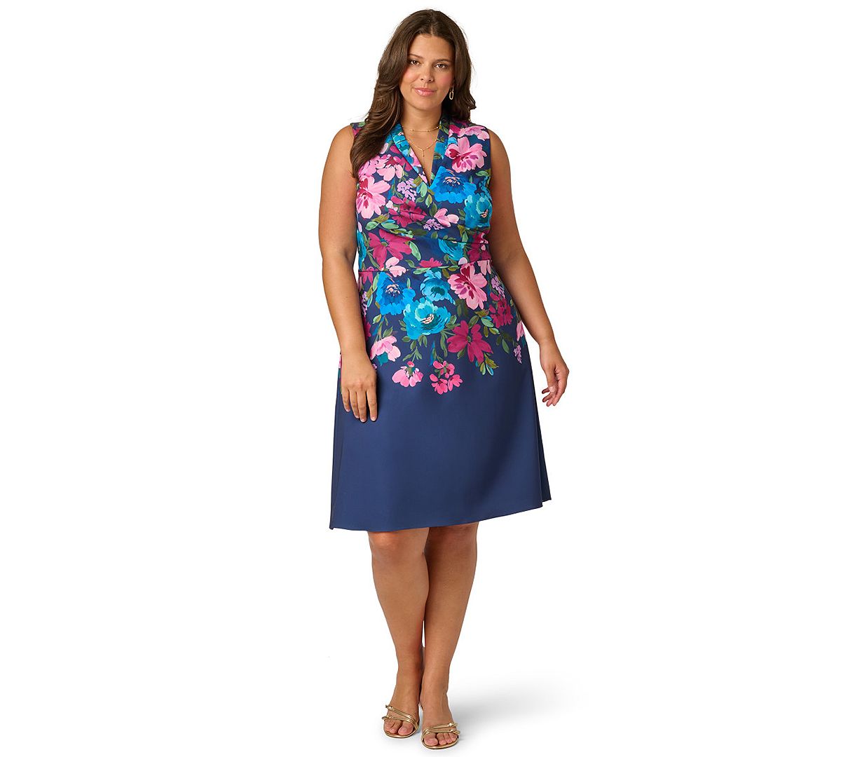 Adrianna Papell Plus Size Printed V-Neck Sleeveless Midi Dress view 5 — MAYCSS fashion products