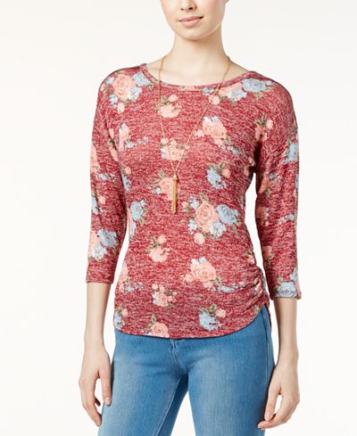 Almost Famous Juniors' Printed High-Low Top with Necklace