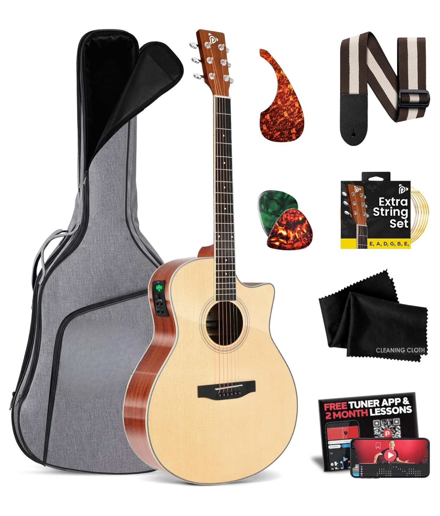 Детские игрушки Pyle 41" Electric Acoustic Guitar Kit - Full Size Dreadnought Cutaway with Spruce Top, Gig Bag, Strap, Picks and Extra Steel Strings, цвет: Коричневый — фото 1
