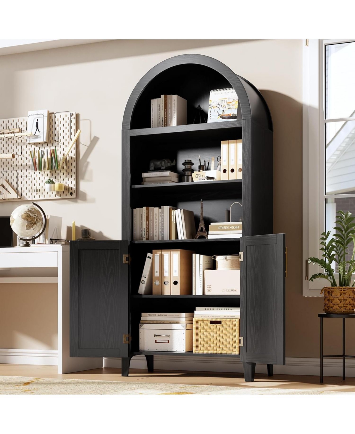 gaomon Arched Pantry Cabinet with Rattan Accent, 5-Tier Open Shelf Farmhouse Storage for Kitchen and Dining