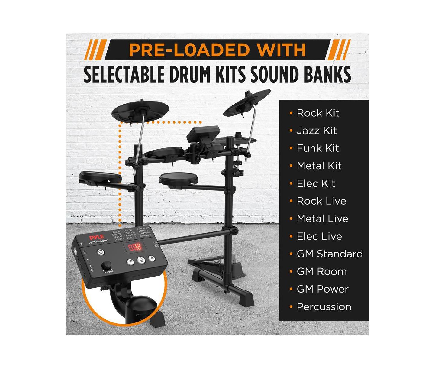 Детские игрушки Pyle 7-Piece Electric Drum Set with MIDI Support, Preloaded Sounds, Cymbals, Foot Pedals, and Mac/PC Compatibility, цвет: Чёрный — фото 2