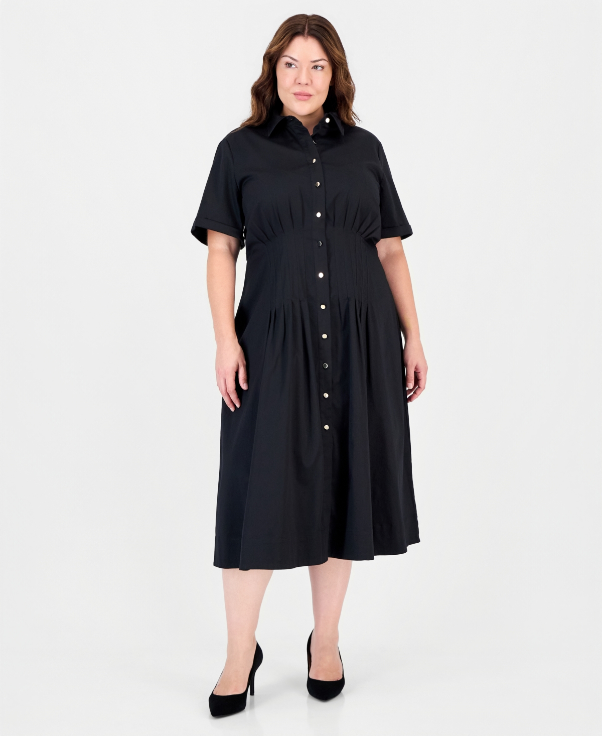Anne Klein Plus Size Fit & Flare Pleated Waist Midi Shirt Dress - Anne Black