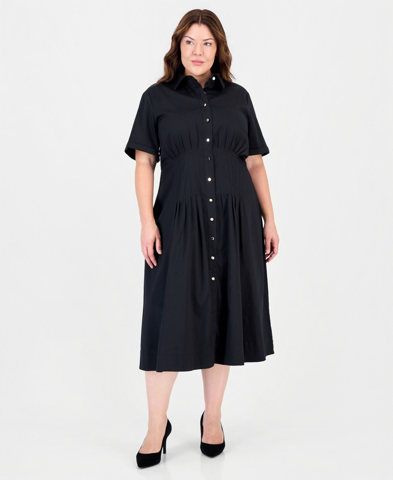 Plus Size Fit & Flare Pleated Waist Midi Shirt Dress