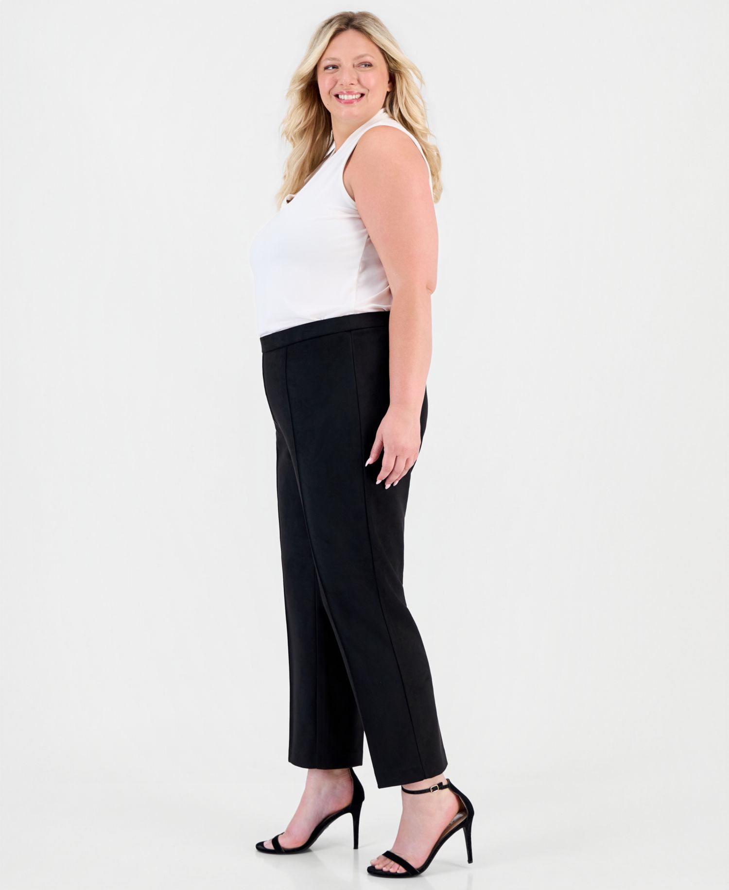 Plus Size Pull-On Pintuck Straight-Leg Scuba Suede Pants