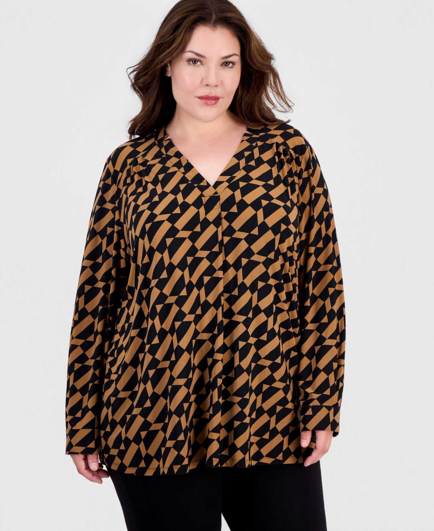 Plus Size Long-Sleeve V-Neck Geometric Blouse
