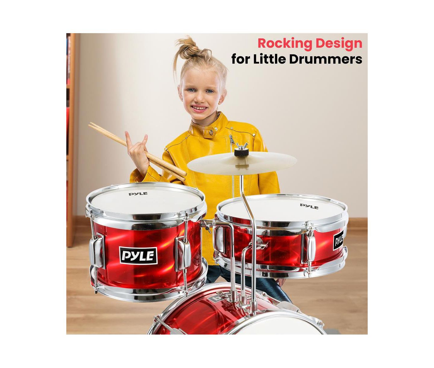 Детские игрушки Pyle 3-Piece Kids Drum Set - 13" Metallic Red Junior Drum Kit with Throne, Cymbal, Bass Pedal, Tom & Drumsticks — фото 3