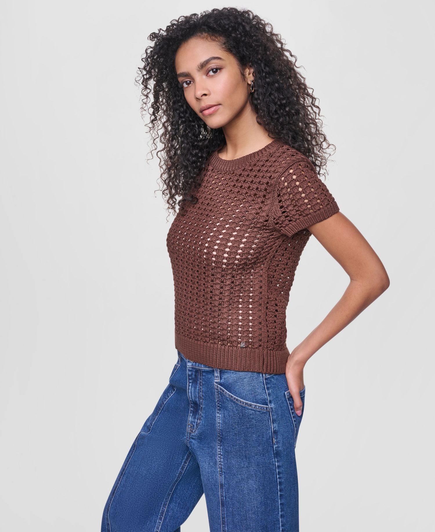 Women's Short-Sleeve Airy Chunky Pointelle Crewneck Sweater