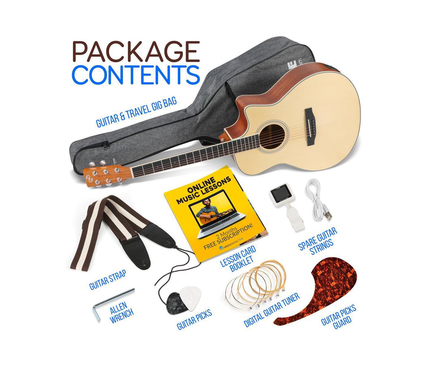 Детские игрушки Pyle 6-String Electric Acoustic Guitar - Guitar with Digital Tuner & Accessory Kit, цвет: Коричневый — фото 8