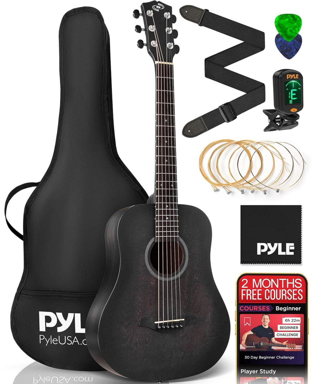 Pyle Beginners 6String Acoustic Guitar 36 Cutaway Body With Kit  Black