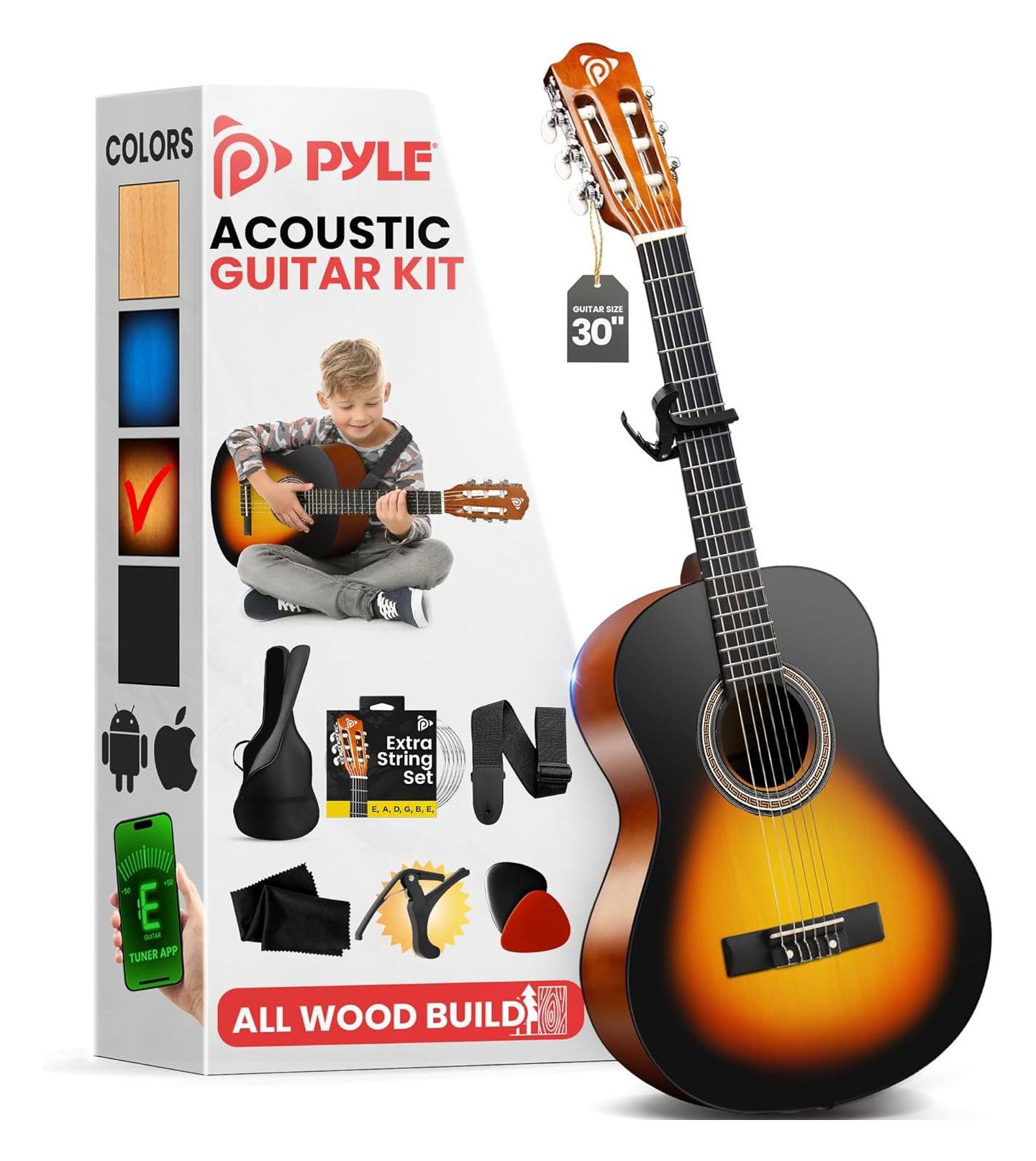 Детские игрушки Pyle Beginner Nylon String Acoustic Guitar 7-Piece Kit, Ages 4+, цвет: Sunburst — фото 1